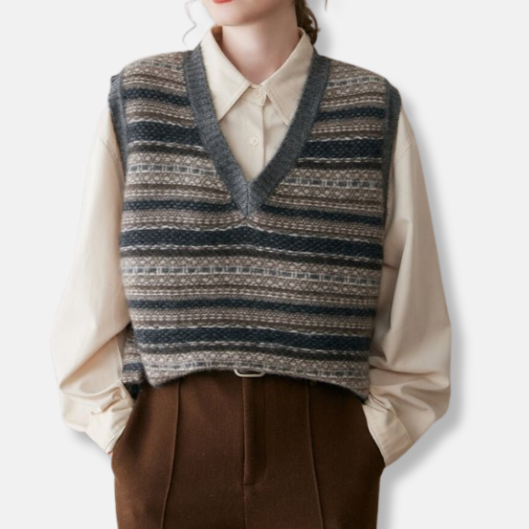 SUENTA Damen Weste Lockere Passform Fair-Isle-Muster Gerippte Bündchen Dunkelgrau