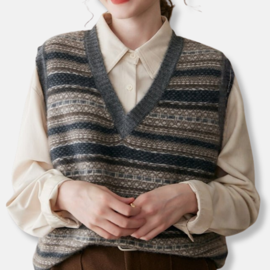 SUENTA Damen Weste Lockere Passform Fair-Isle-Muster Gerippte Bündchen
