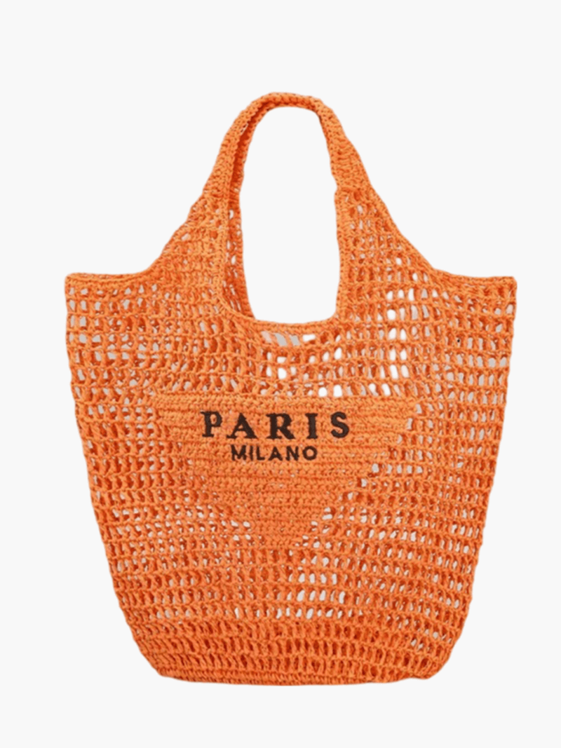 SUENTA Strandtasche Aus Stroh Handgefertigt Paris Print Boho Stil Orange One-Size