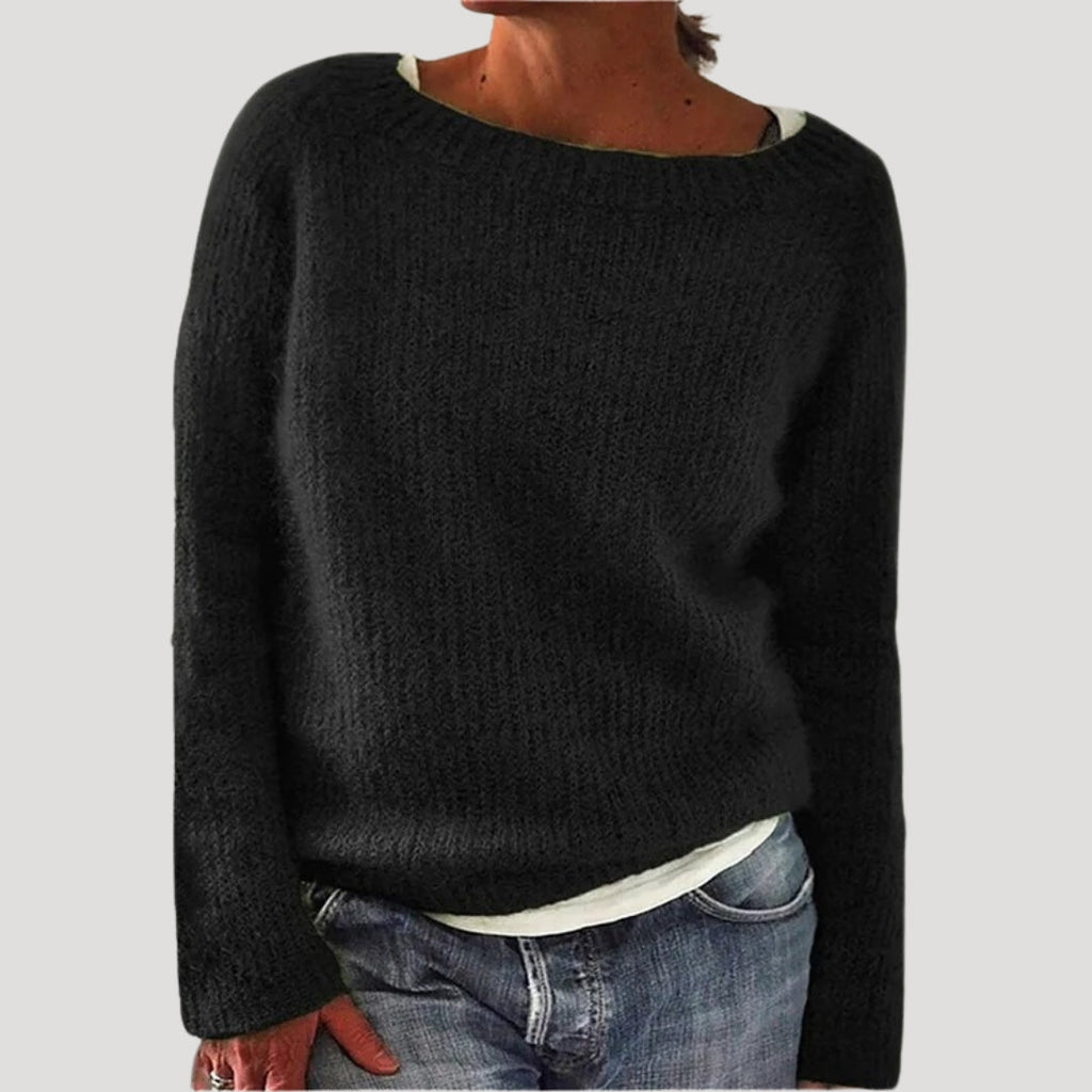 SUENTA Damen Oversize-Strickpullover Strick Lockere Passform Weiten Rundhalsausschnitt Schwarz