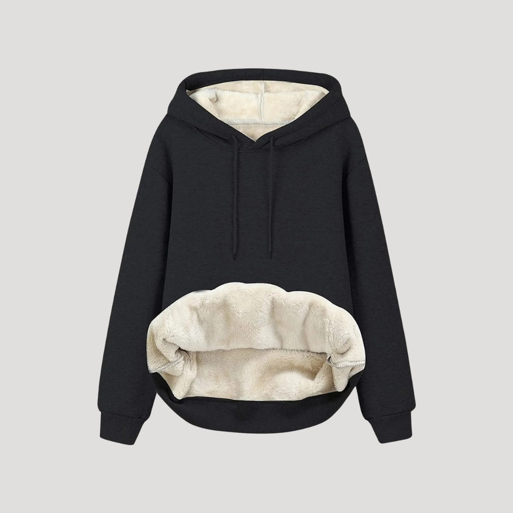 SUENTA Damen Oversize-Hoodie Fleecegefüttert Kängurutasche Kapuze Kordelzug Schwarz