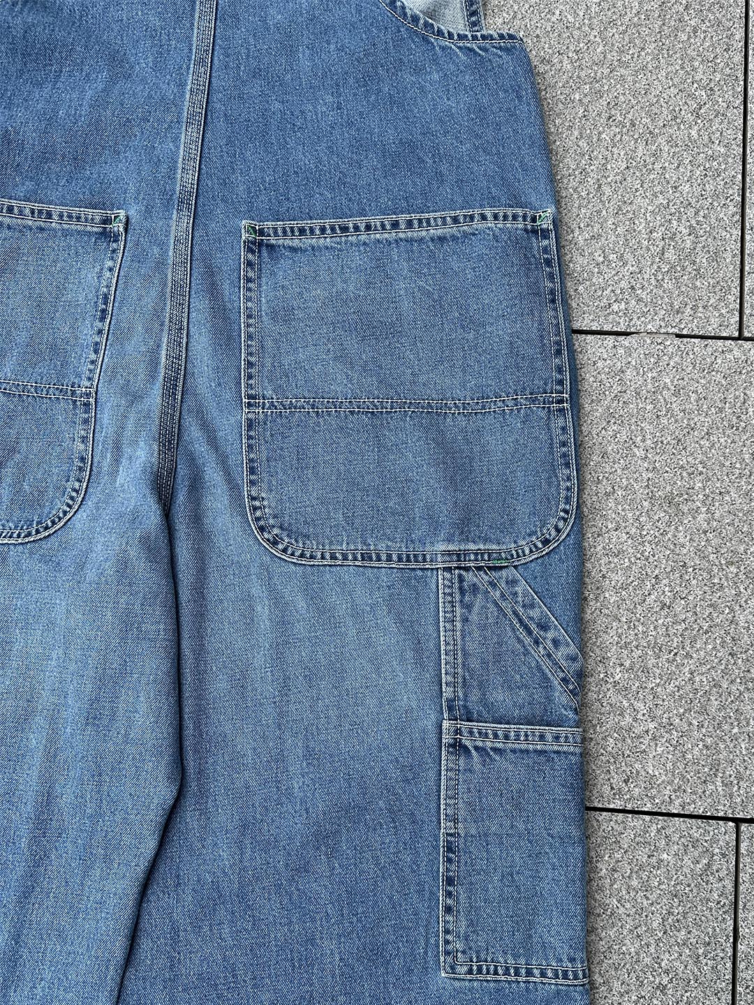 SUENTA Damen Denim Latzhosen 11 oz. Denim Grüne Akzentnähte Overall