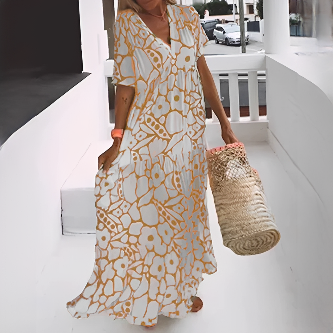 SUENTA Vanity | Damen Sommerkleid – Figurschmeichelnder V-Ausschnitt, Modernes Druckmuster & Schickes Design Gelb