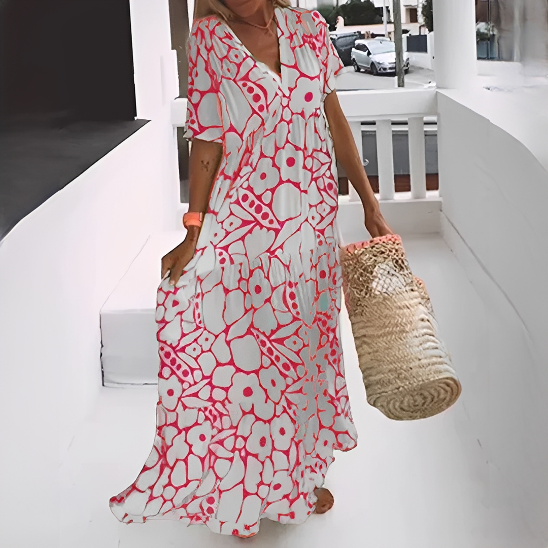 SUENTA Vanity | Damen Sommerkleid – Figurschmeichelnder V-Ausschnitt, Modernes Druckmuster & Schickes Design Rosa