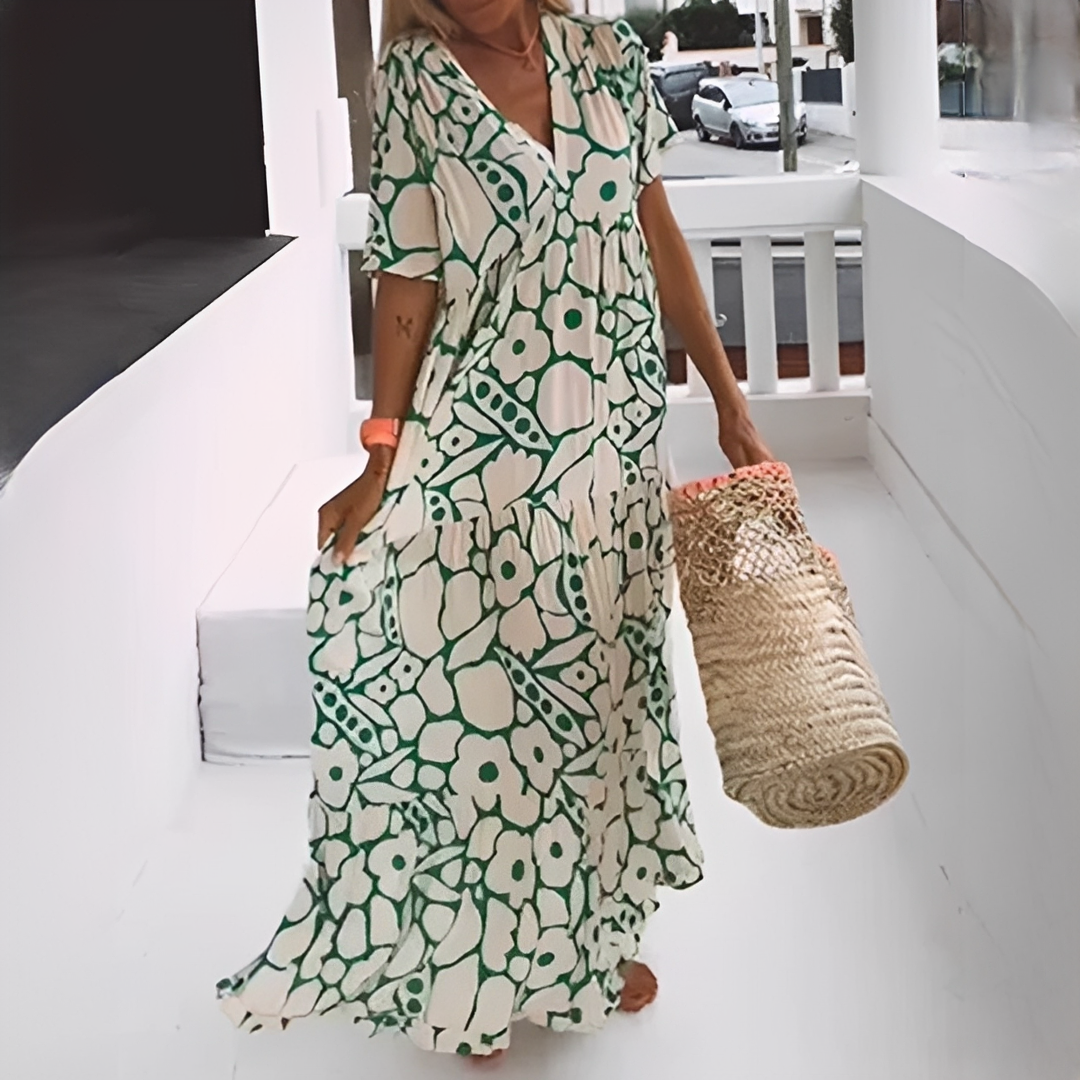 SUENTA Vanity | Damen Sommerkleid – Figurschmeichelnder V-Ausschnitt, Modernes Druckmuster & Schickes Design Grün