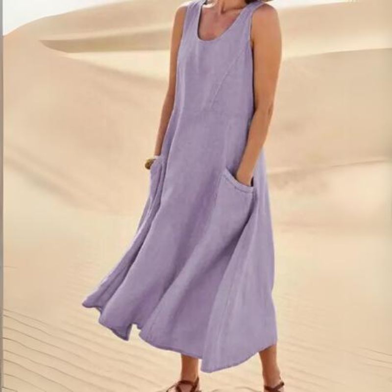 SUENTA Damen Sommerkleid mit Rundhals - Luftiges Midi-Kleid Lila
