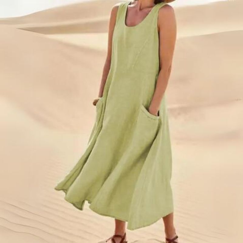 SUENTA Damen Sommerkleid mit Rundhals - Luftiges Midi-Kleid Hellgrün