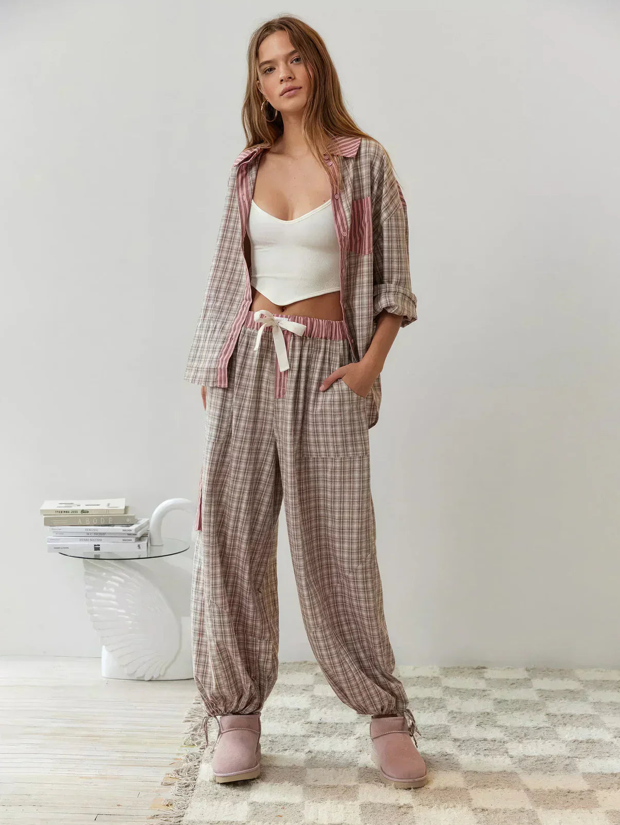 SUENTA Damen Pyjama Zweiteilig Mit Knopfleiste Muster Karo- Und Streifenmuster Rosa
