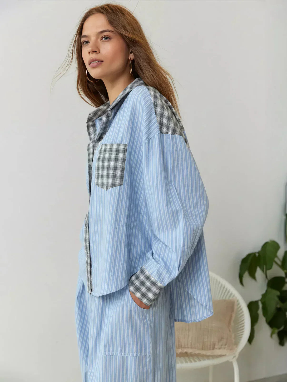 SUENTA Damen Pyjama Zweiteilig Mit Knopfleiste Muster Karo- Und Streifenmuster