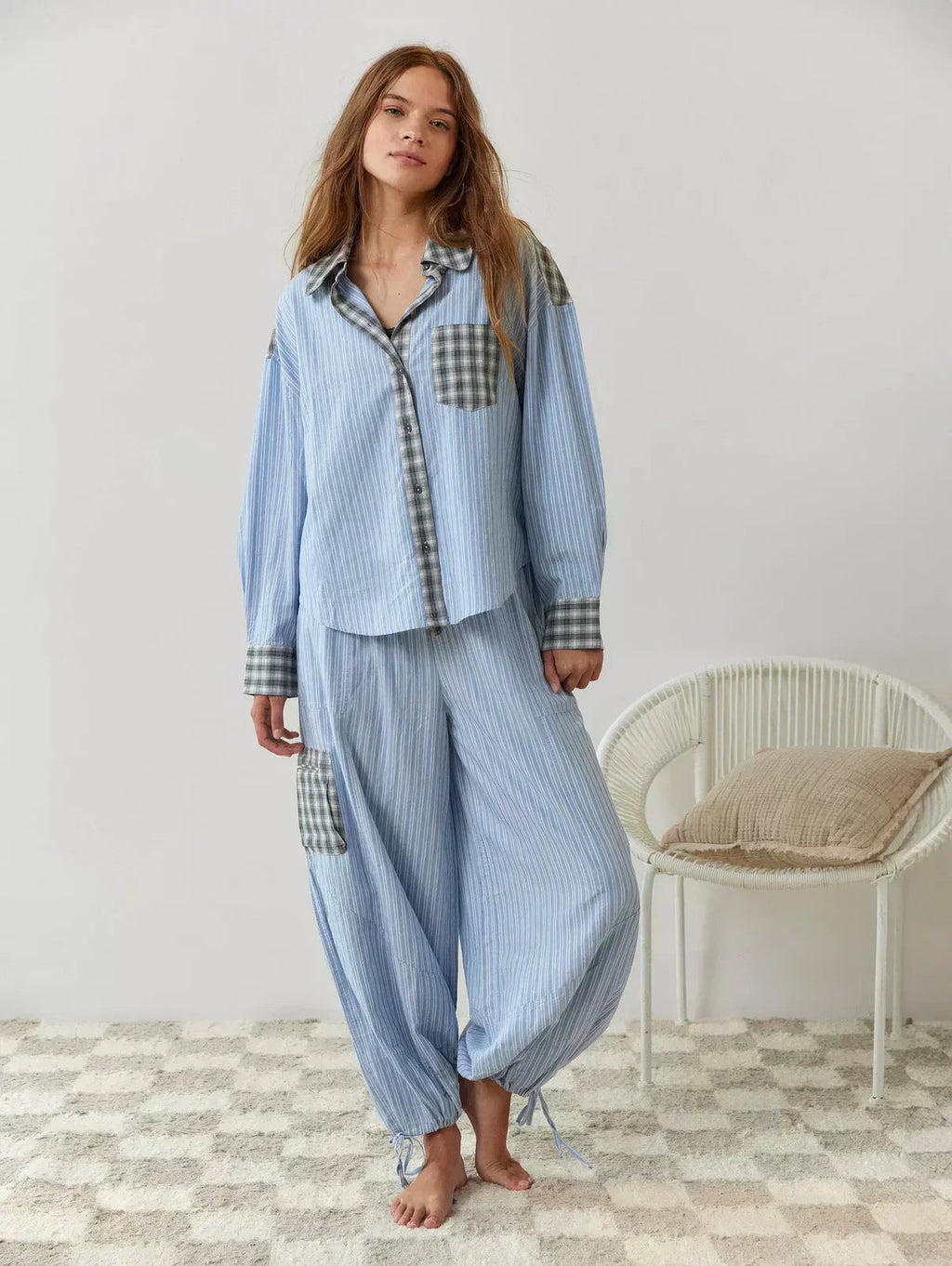 SUENTA Damen Pyjama Zweiteilig Mit Knopfleiste Muster Karo- Und Streifenmuster Blau