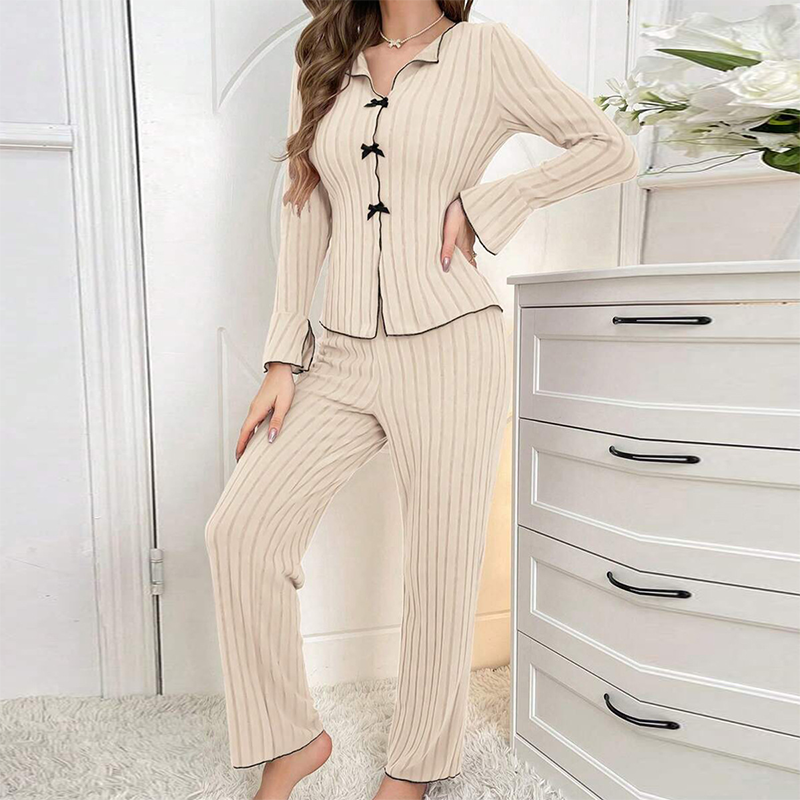 SUENTA Damen Zweiteilige Pyjama In Rippoptik Mit Dekorativen Verschlüssen Beige