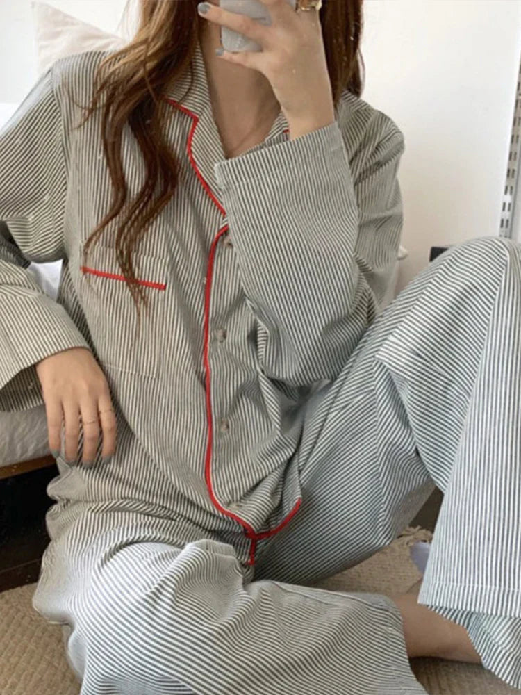 SUENTA Damen Pyjama Zweiteilig Mit Knopfleiste Klassische Streifen
