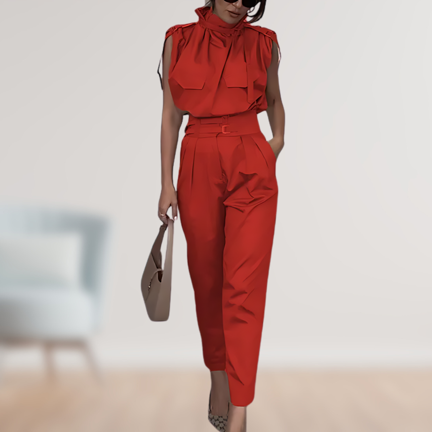 SUENTA Damen Zweiteiler Set – Elegantes Outfit mit Taillengürtel Rot