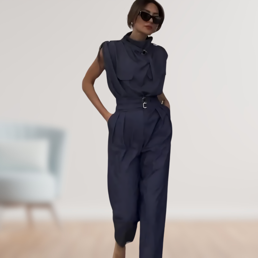SUENTA Damen Zweiteiler Set – Elegantes Outfit mit Taillengürtel Marineblau