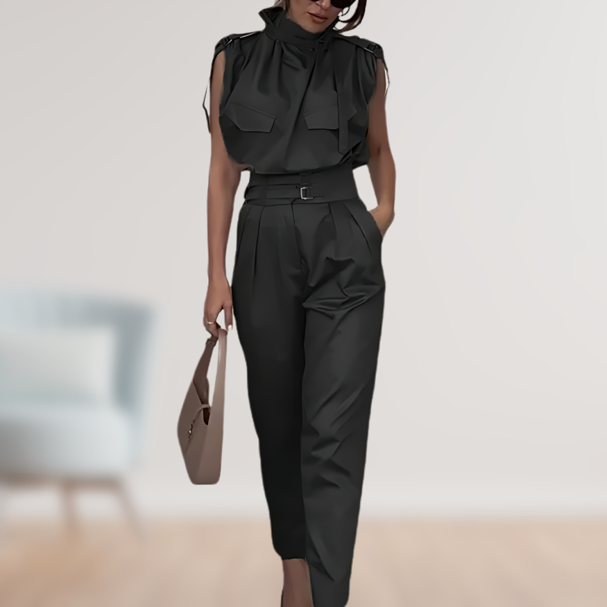 SUENTA Damen Zweiteiler Set – Elegantes Outfit mit Taillengürtel Schwarz