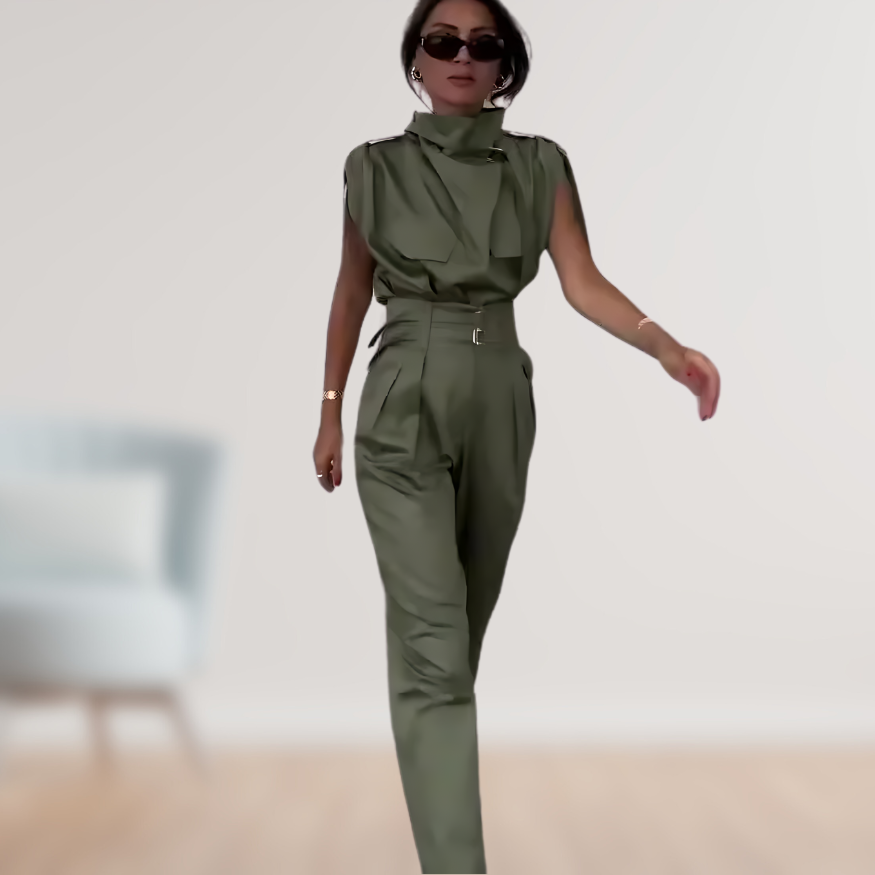 SUENTA Damen Zweiteiler Set – Elegantes Outfit mit Taillengürtel Armee Grün