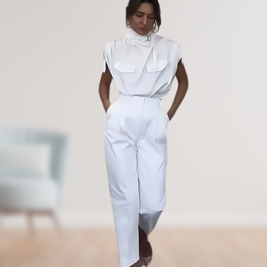 SUENTA Damen Zweiteiler Set – Elegantes Outfit mit Taillengürtel Weiß