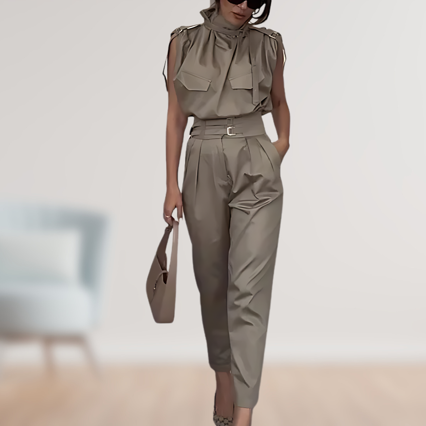 SUENTA Damen Zweiteiler Set – Elegantes Outfit mit Taillengürtel Braun Grau