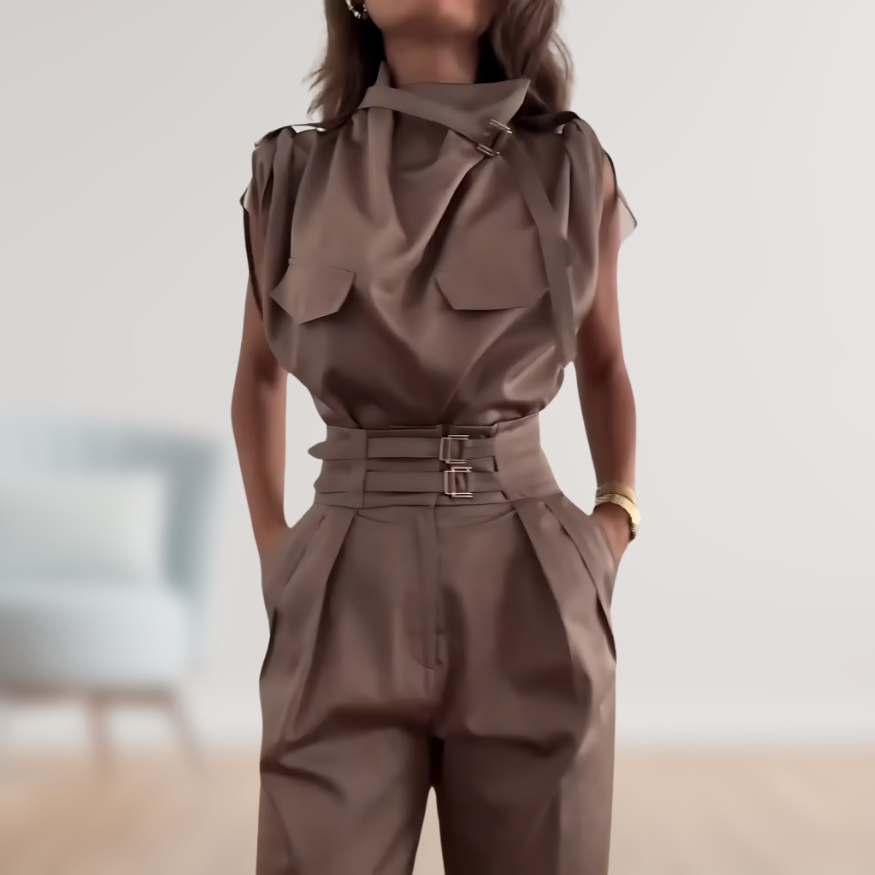 SUENTA Damen Zweiteiler Set – Elegantes Outfit mit Taillengürtel Braun