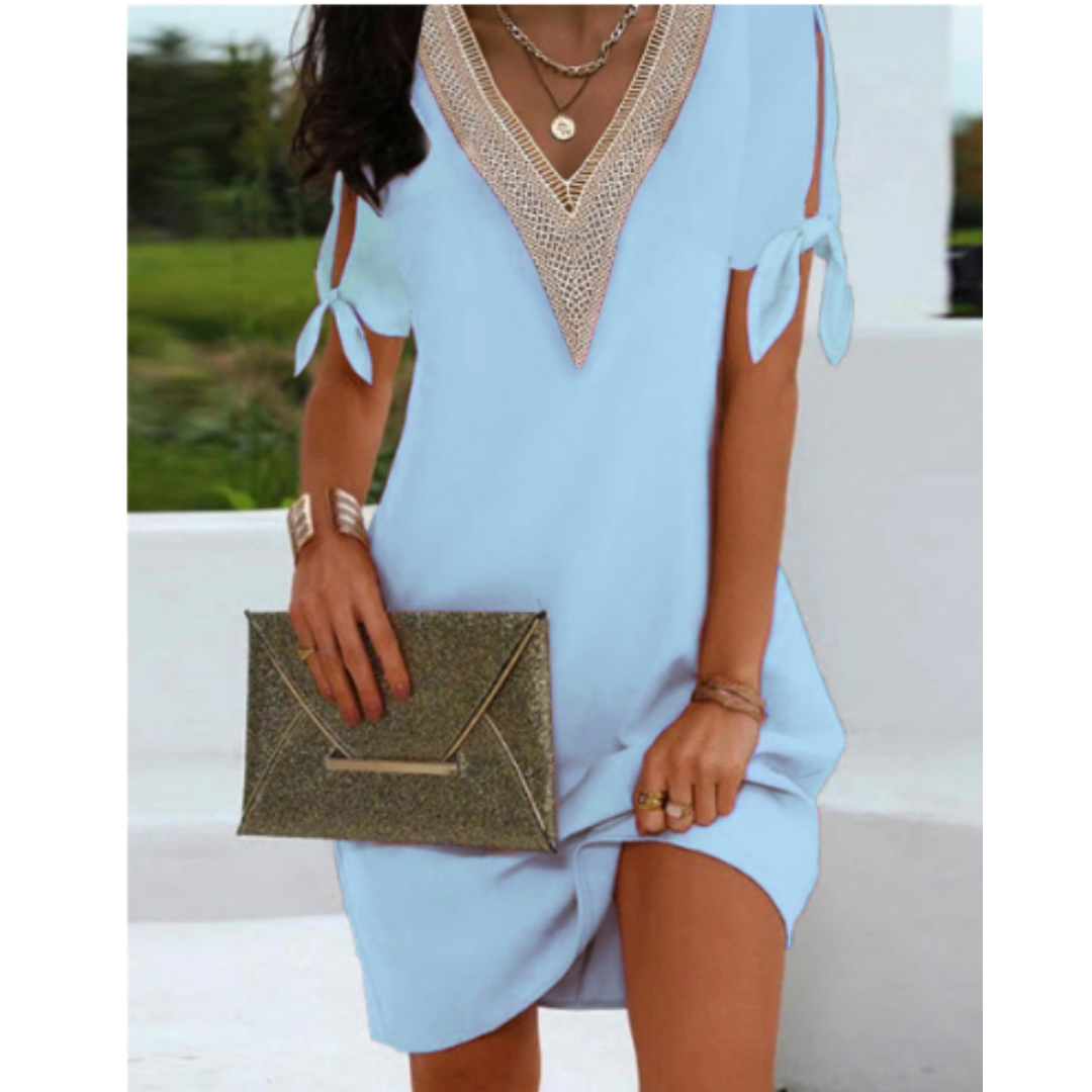 SUENTA Luxe | Damen Mini-Sommerkleid – Boho-Stil, V-Ausschnitt & Kurze Ärmel (Weiss) HellBlau