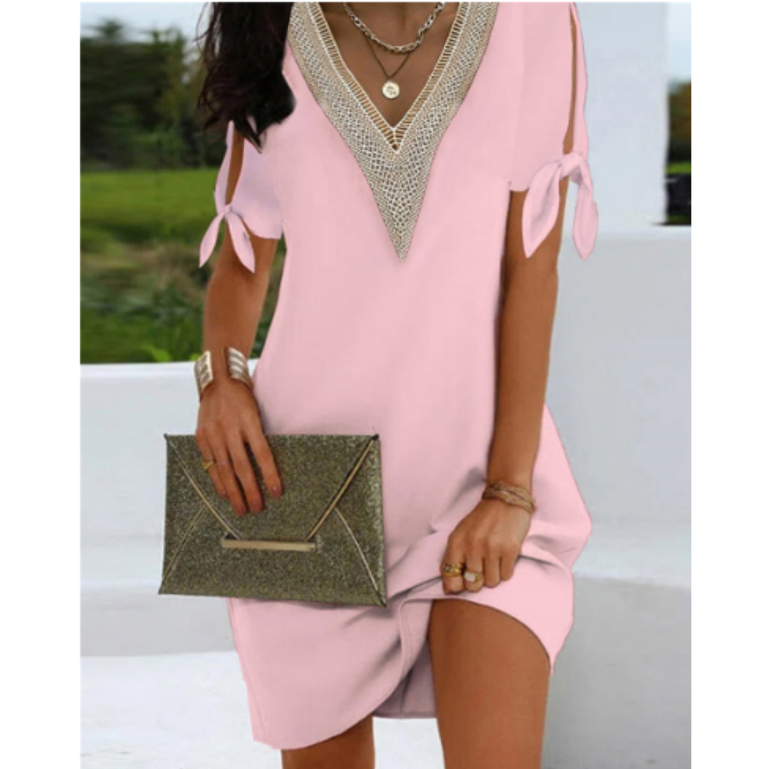 SUENTA Luxe | Damen Mini-Sommerkleid – Boho-Stil, V-Ausschnitt & Kurze Ärmel (Weiss) Rosa