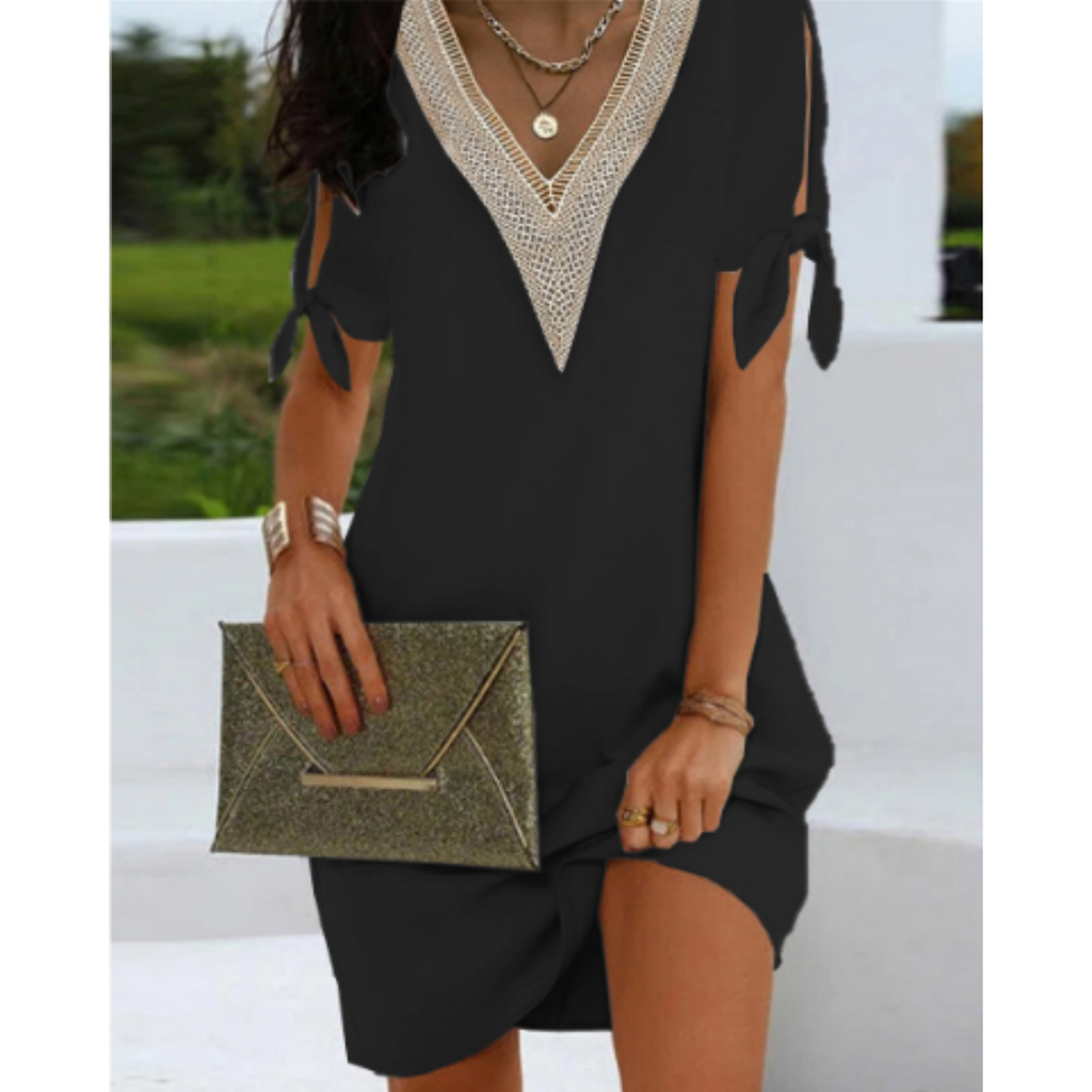 SUENTA Luxe | Damen Mini-Sommerkleid – Boho-Stil, V-Ausschnitt & Kurze Ärmel (Weiss) Schwarz