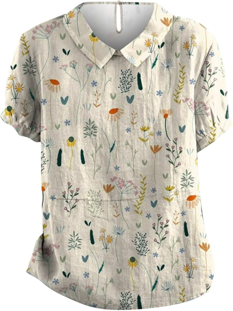 SUENTA Inspire | Kurzärmlige Damenbluse mit Kragen und Blumenmuster | Lässig weiß