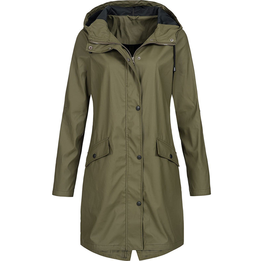 SUENTA Damen Regenjacke Mit Kapuze Und Taschen Wasserschutz Lang Dunkelgrun