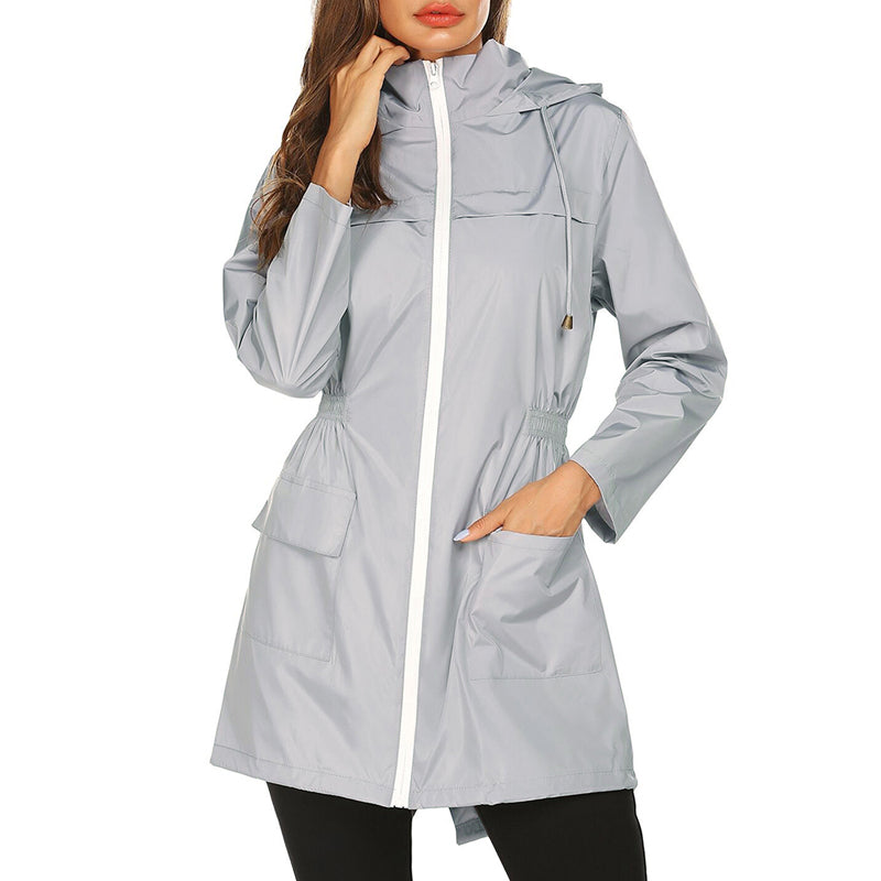 SUENTA Damen Regenjacke Längere Silhouette Mit Kapuze Regnerische Tage Optimalen Schutz Grau