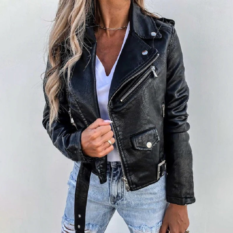 SUENTA Damen Stylische Bikerjacke Reverskragen Ausdrucksstark