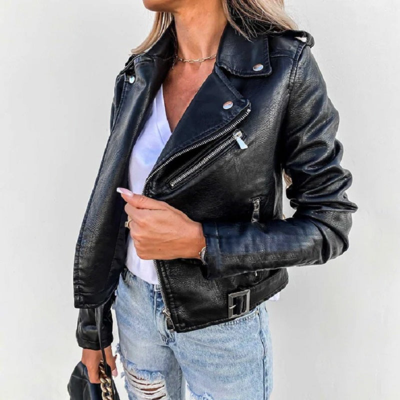 SUENTA Damen Stylische Bikerjacke Reverskragen Ausdrucksstark Schwarz