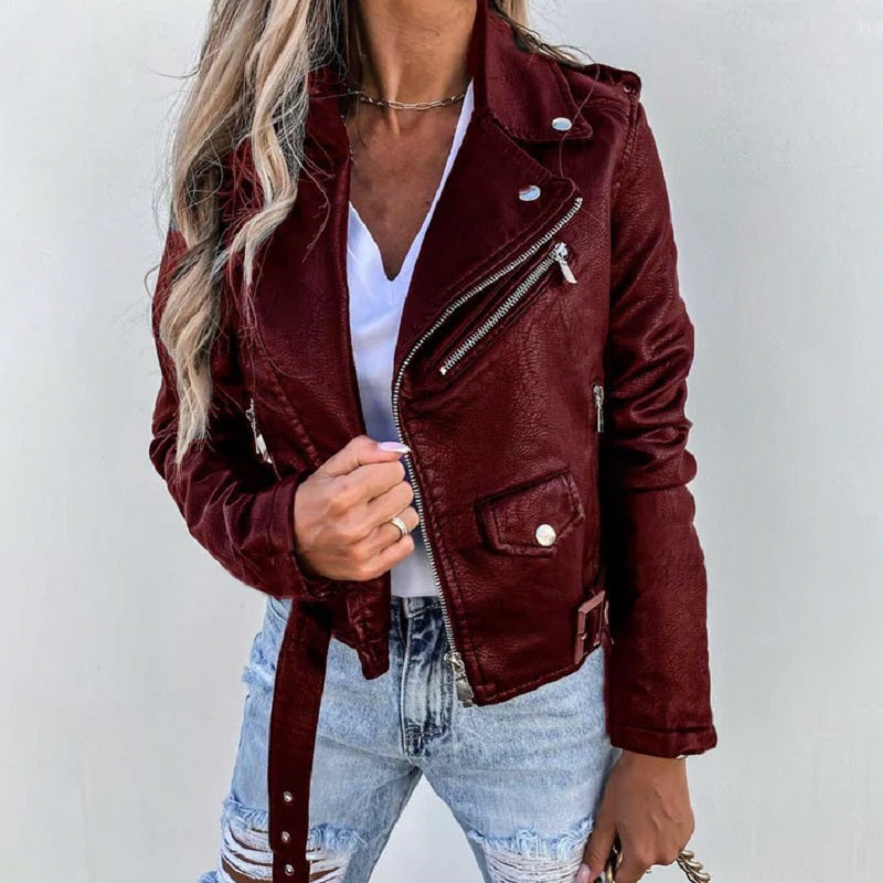 SUENTA Damen Stylische Bikerjacke Reverskragen Ausdrucksstark Wein Rot
