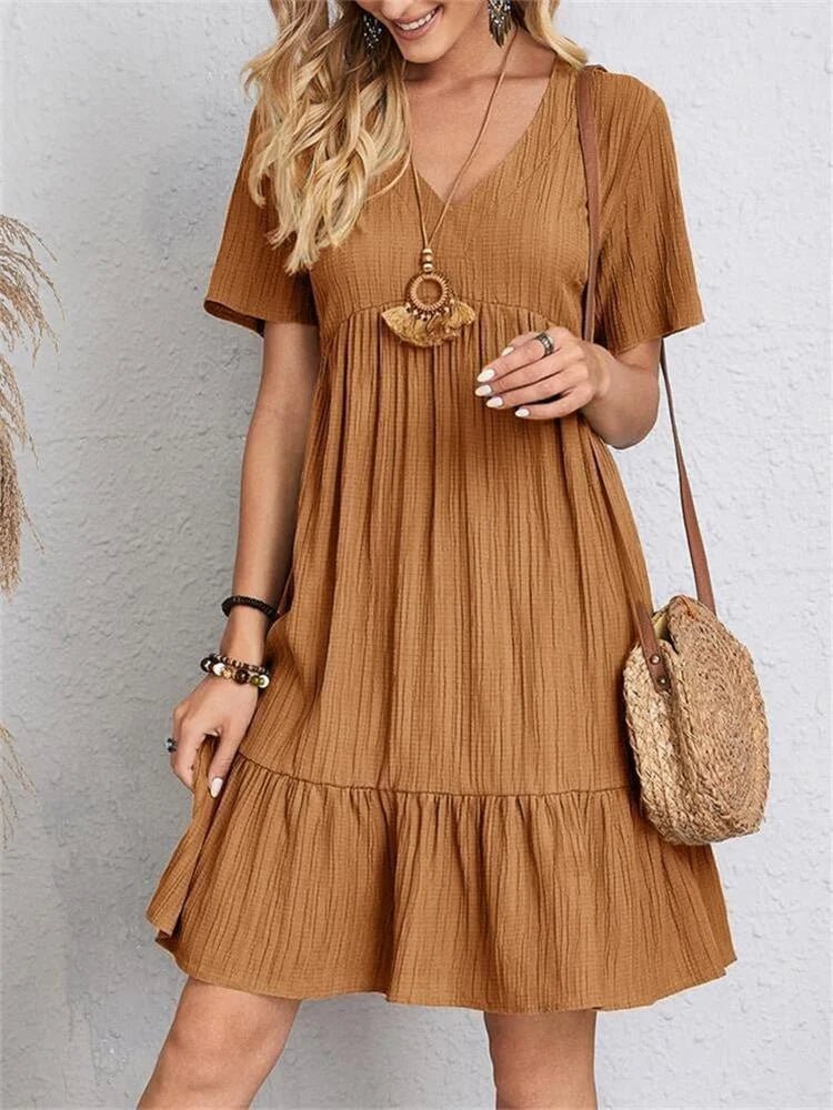 SUENTA Damen V-Ausschnitt-Kleid Retro-Kleid Schlankheitsdesign Figur Formt Haselnussbraun