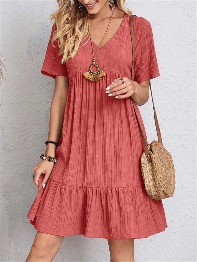 SUENTA Damen V-Ausschnitt-Kleid Retro-Kleid Schlankheitsdesign Figur Formt Rot