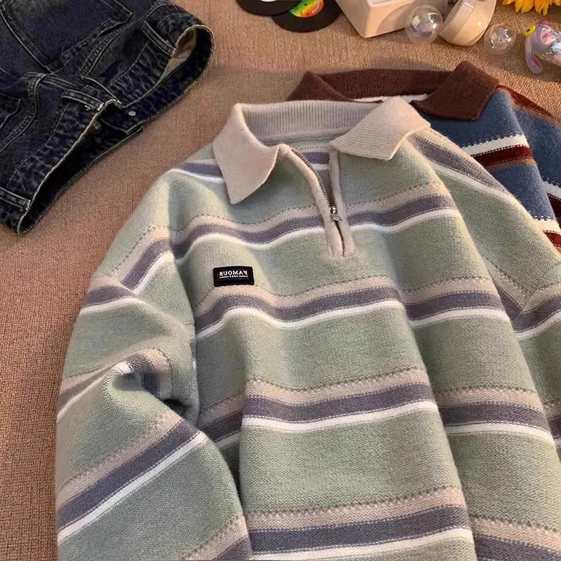 SUENTA Unisex Retro-Streifenpullover Reißverschluss Atmungsaktives Polyestergewebe