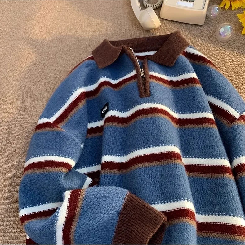 SUENTA Unisex Retro-Streifenpullover Reißverschluss Atmungsaktives Polyestergewebe Braun