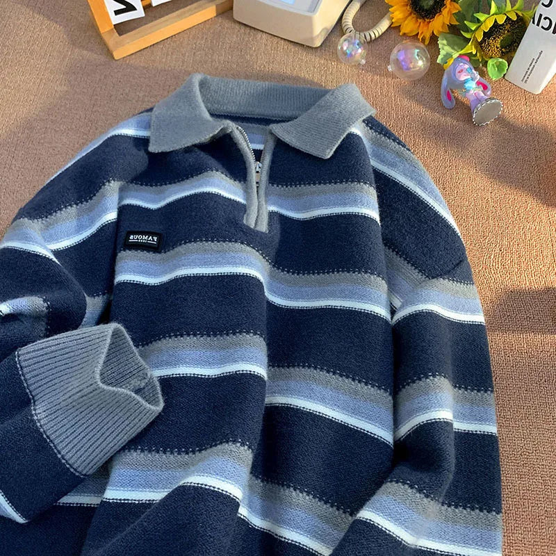 SUENTA Unisex Retro-Streifenpullover Reißverschluss Atmungsaktives Polyestergewebe Blau