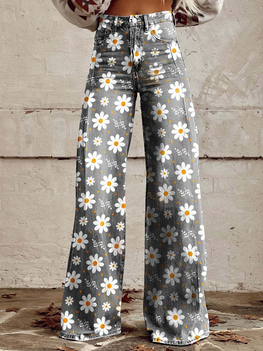 SUENTA Māya | Damen Baggy Jeans Entspannte Eleganz Komfort Sommer Weiß Blume