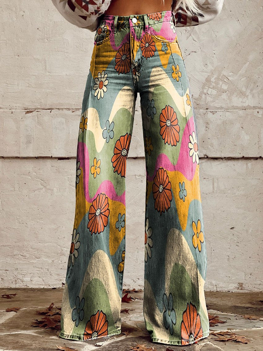 SUENTA Māya | Damen Baggy Jeans Entspannte Eleganz Komfort Sommer Wellen & Blumen