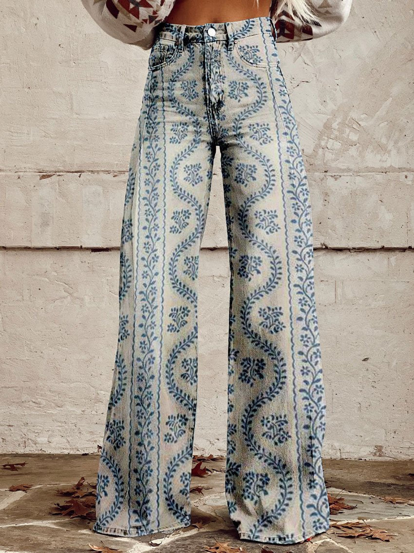 SUENTA Māya | Damen Baggy Jeans Entspannte Eleganz Komfort Sommer Blau Gemustert