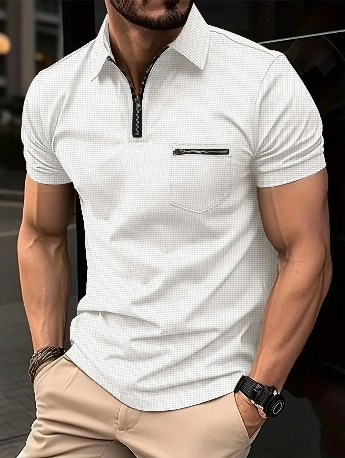 SUENTA Poloshirt Polodesign Waffelstruktur Bewegungsfreiheit Weiß