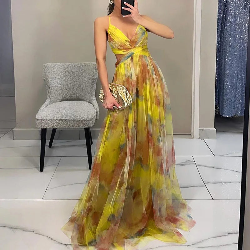 SUENTA Elira | Damen Kleid – Florale Eleganz und Sublimierte Silhouette Gelb