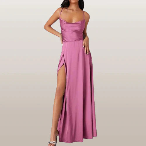 SUENTA Damen Elegantes Maxi-Kleid - Mit Wasserfallausschnitt und Schlitz Rosa