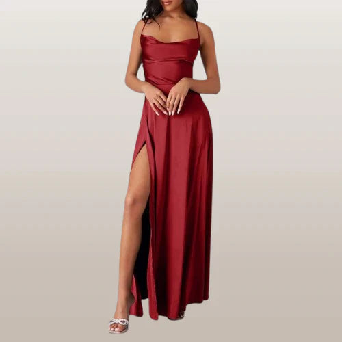 SUENTA Damen Elegantes Maxi-Kleid - Mit Wasserfallausschnitt und Schlitz Rot