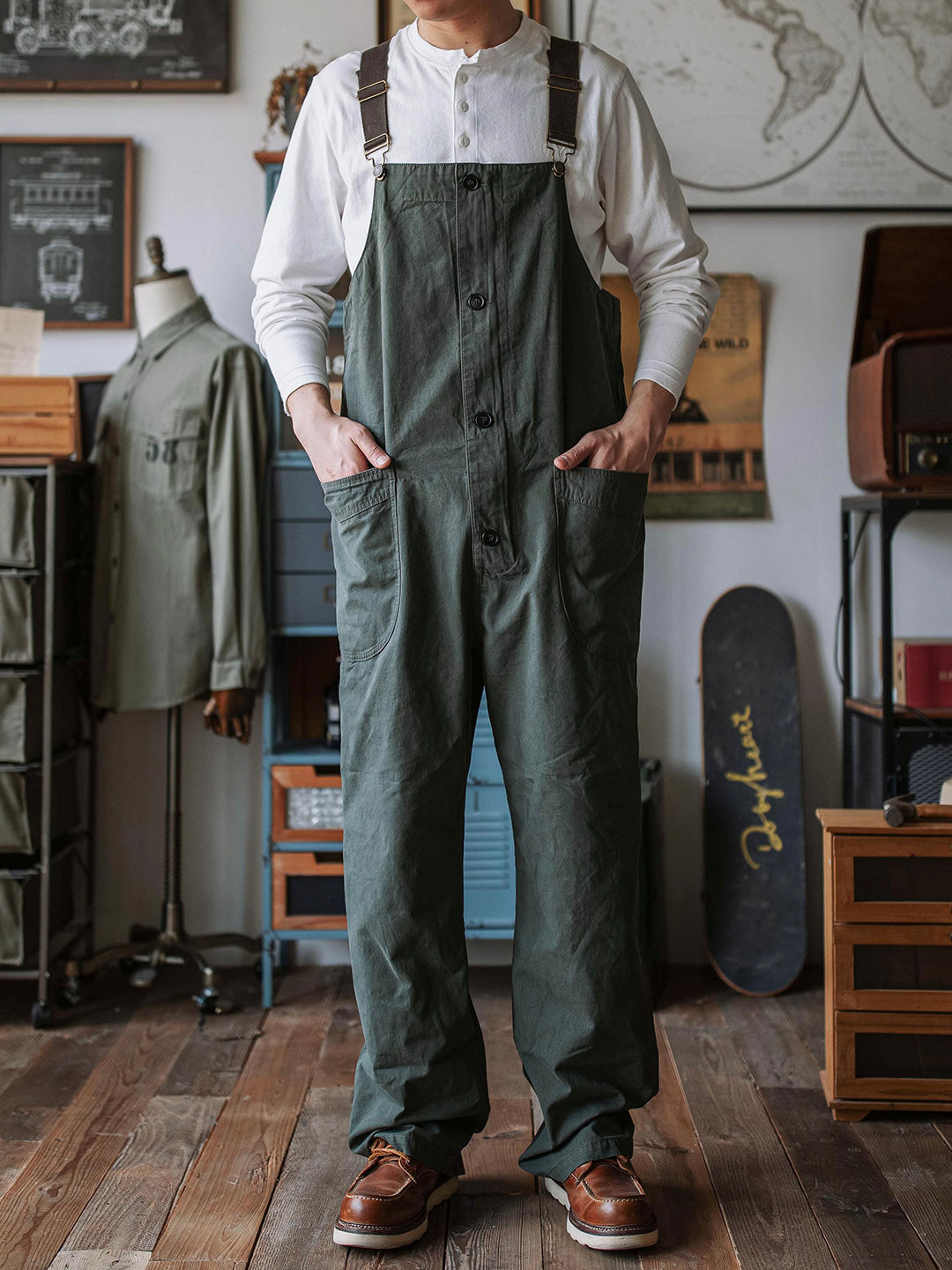 SUENTA Herren Gerundete Patch-Taschen Leichte Canvas Latzhose 8,5 Oz - Overall