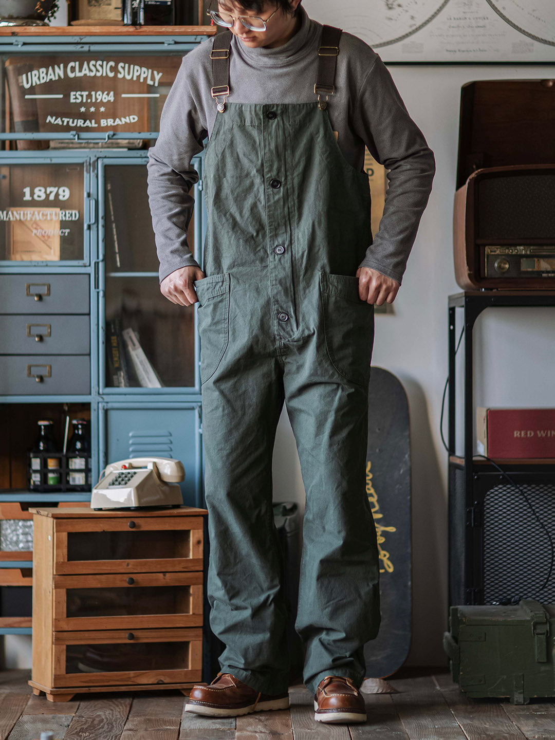 SUENTA Herren Gerundete Patch-Taschen Leichte Canvas Latzhose 8,5 Oz - Overall Dunkelgrün