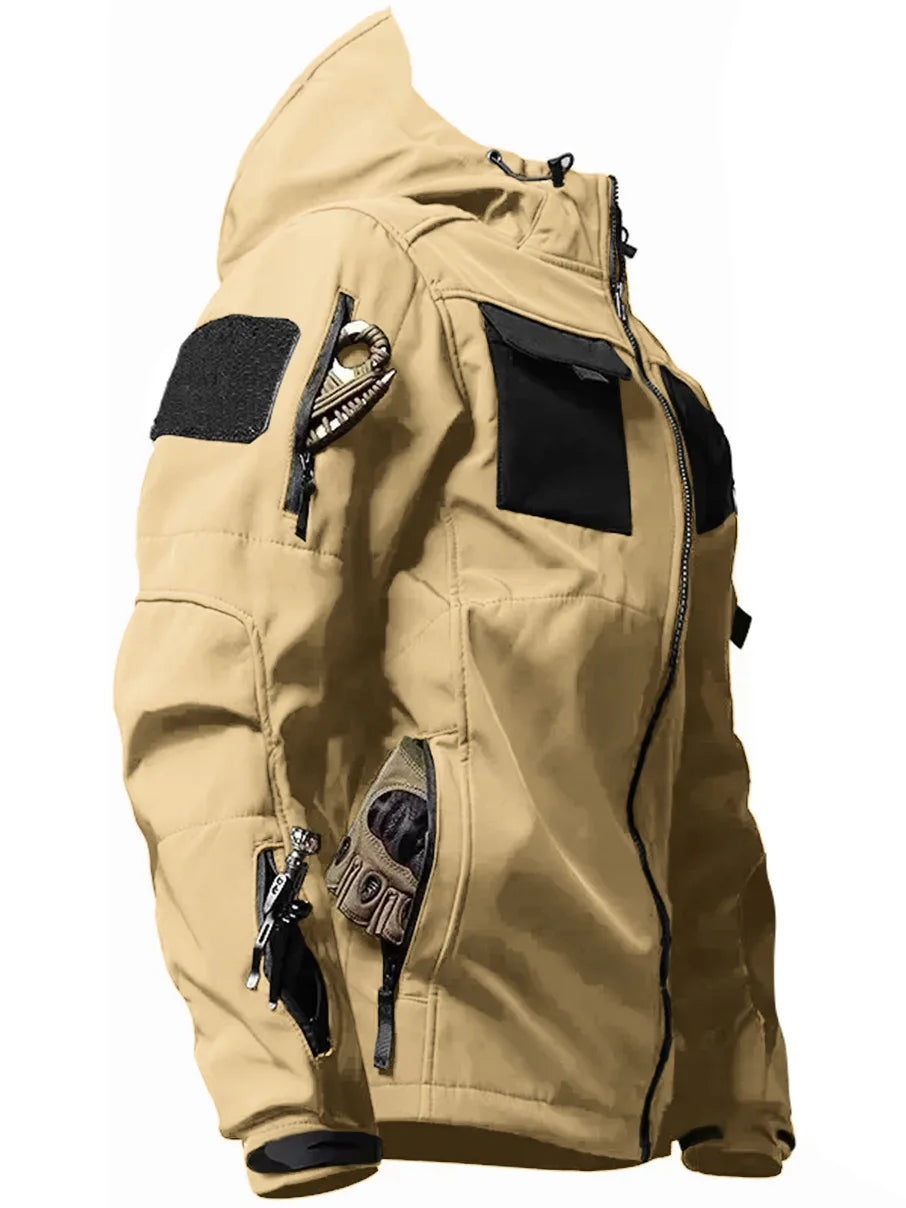 SUENTA Herren Mehreren Taschen Softshell Jacke Mit Kapuze Khaki