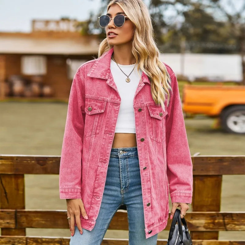 SUENTA Damen Jeansjacke – Denim Jacke mit Knopfverschluss Party Rosa OHNE KAPUZE