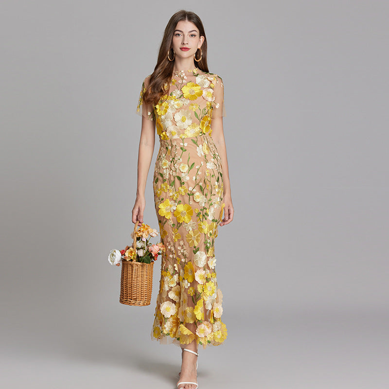 SUENTA Damen Maxi Kleid – Elegantes Ärmelloses Besticktes Kleid Gelb