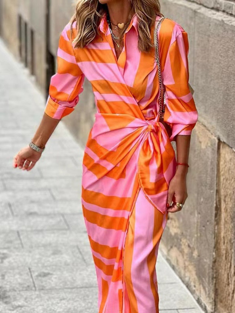 SUENTA Damen Wickelkleid – Elegantes Kleid mit 3/4-Ärmeln für Viele Anlässe Orange & Rosa